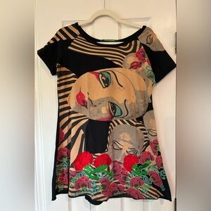 Desigual Artistic Face Print Dress with Floral Accents Size XXL
